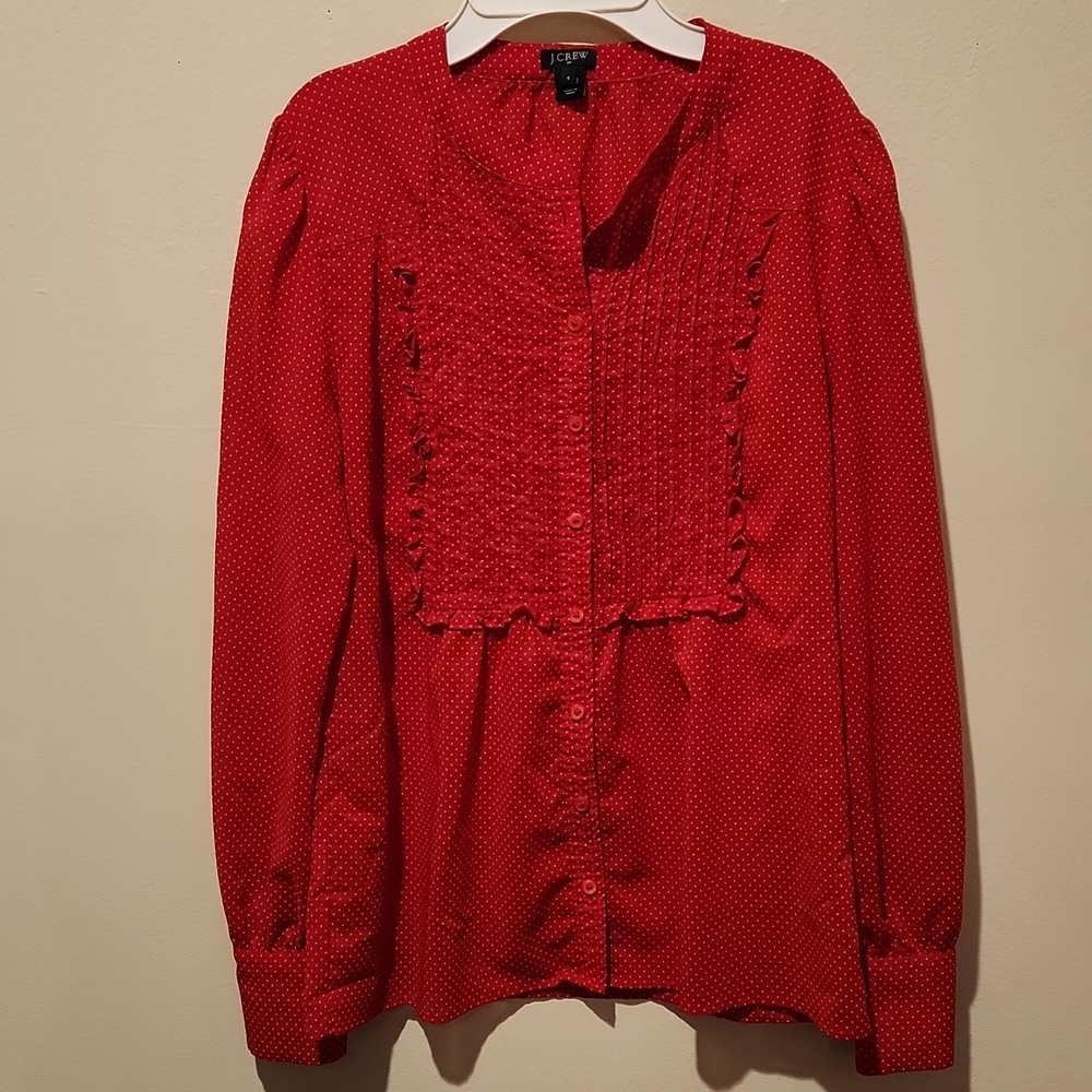 ❤ J CREW RED PINTUCK RUFFLE BIB BUTTON DOWN POLKA DOT TOP / SHIRT, 4 - Picture 3 of 10